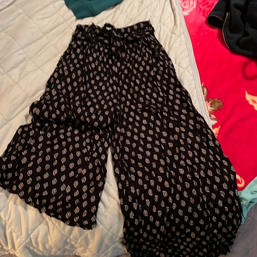 Patrons of Peace brand wide leg trouser black with gold paisley print XS